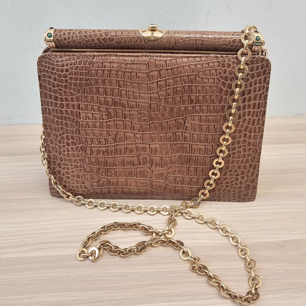 70s Vintage Crocodile Shoulder‎ Clasp Bag Gold Chain Purse Gemstone Faux Croc